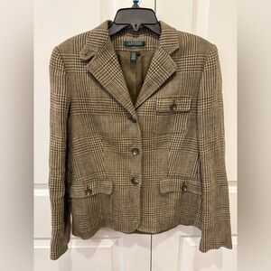 Ralph Lauren Sz 10 Lovely Brown Green Woven Equestrian Chic Linen Blazer Jacket